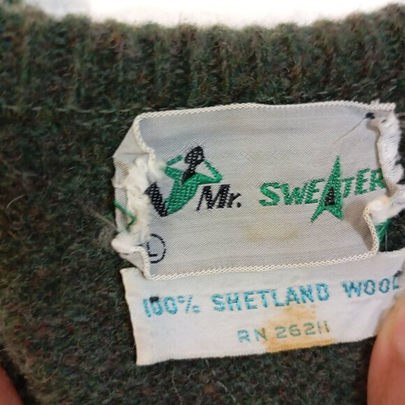Mr. Sweater V-Neck Pullover 100% Shetland Wool Green Mens Sweater Size L - Picture 2 of 9